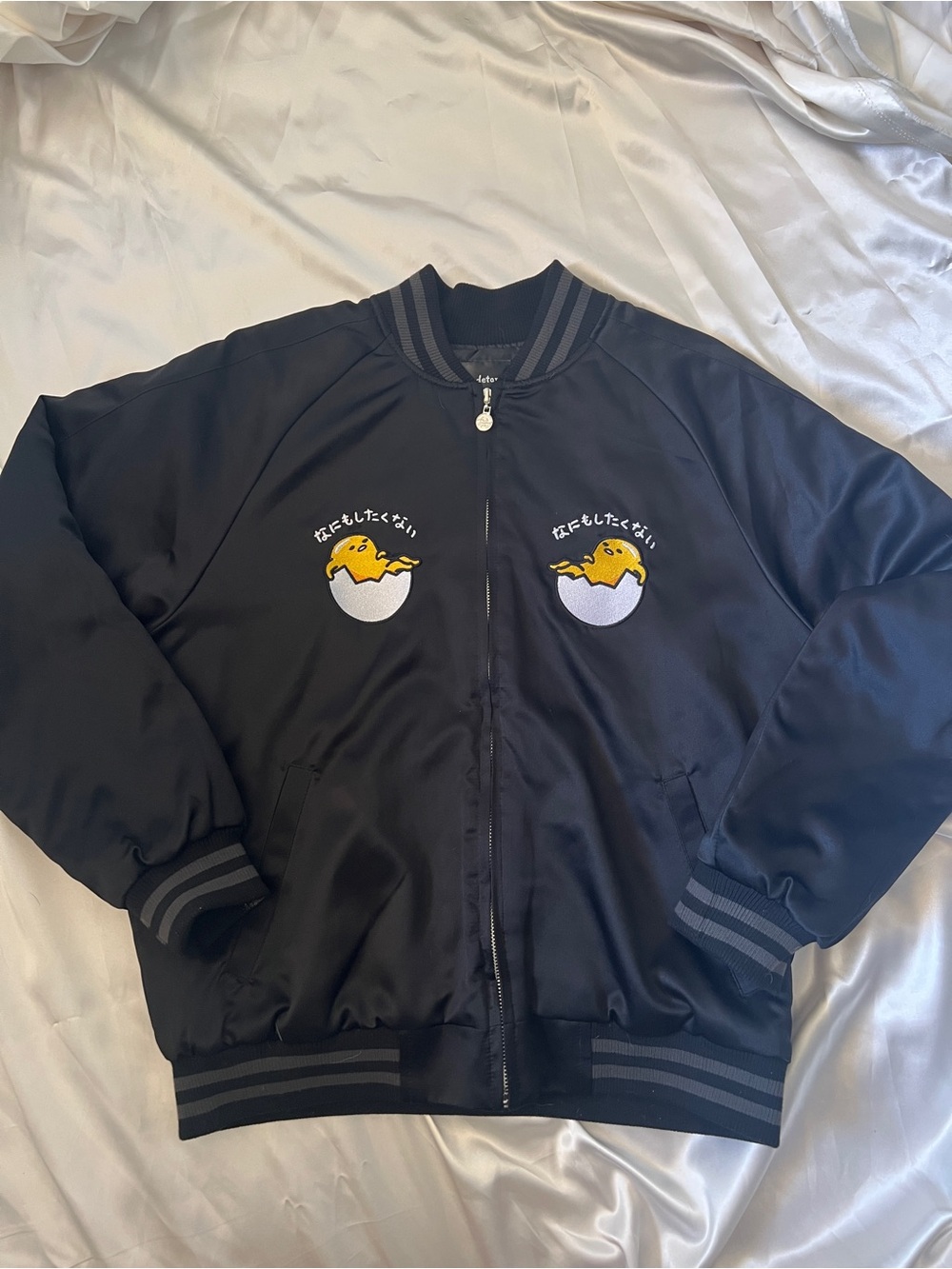 Sanrio Black Bomber Jacket with Yellow Gudetama Embroidery